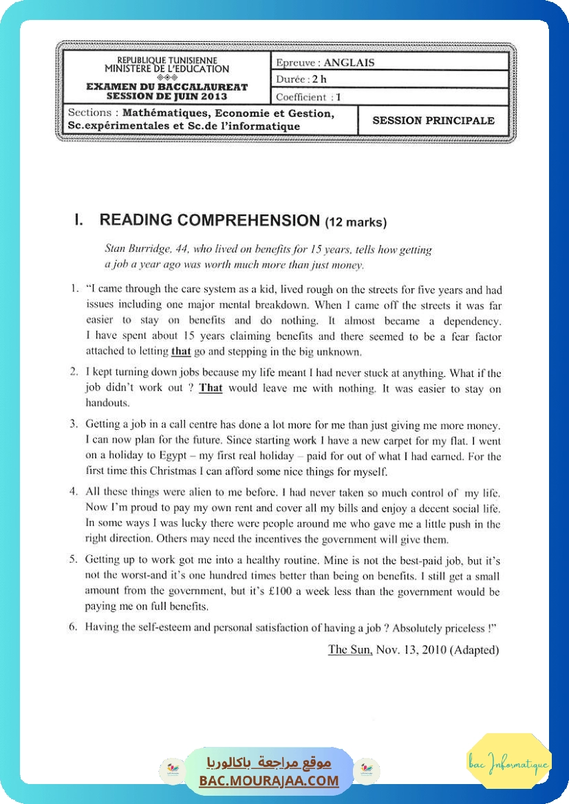 Sujet principale anglais Bac 2013 – Section info